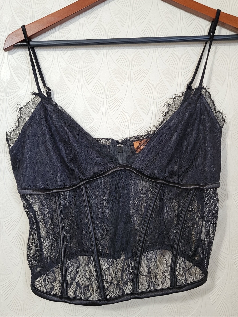 Beige Botany Womens Lace Corset Boned Tank Top Black Sexy Lingerie size Large